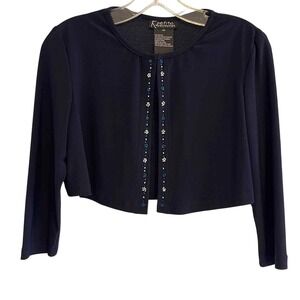 K Petite Collection‎ Navy Blue Beaded Floral Cropped Bolero Shrug Jacket 4P